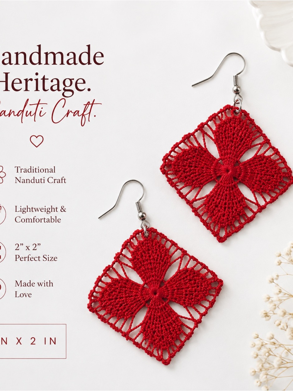 Handcrafted Red Crochet Flower Square Earrings - Women Jewelry- Paraguay Nanduti